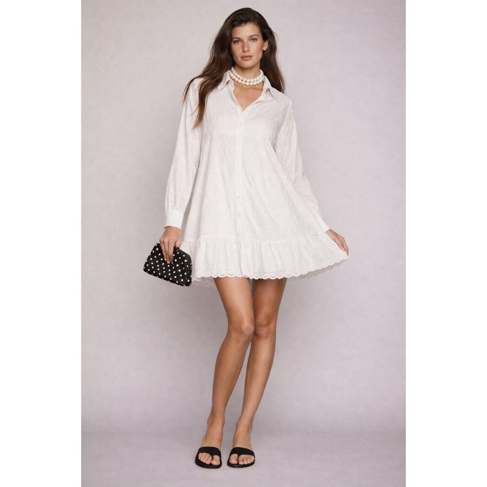 NWT River Island UK White Cotton Ruffle Eyelet Button-Up Mini Dress UK 14 US 10
